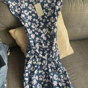 Pact Blue Floral Dress with tie and short sleeves